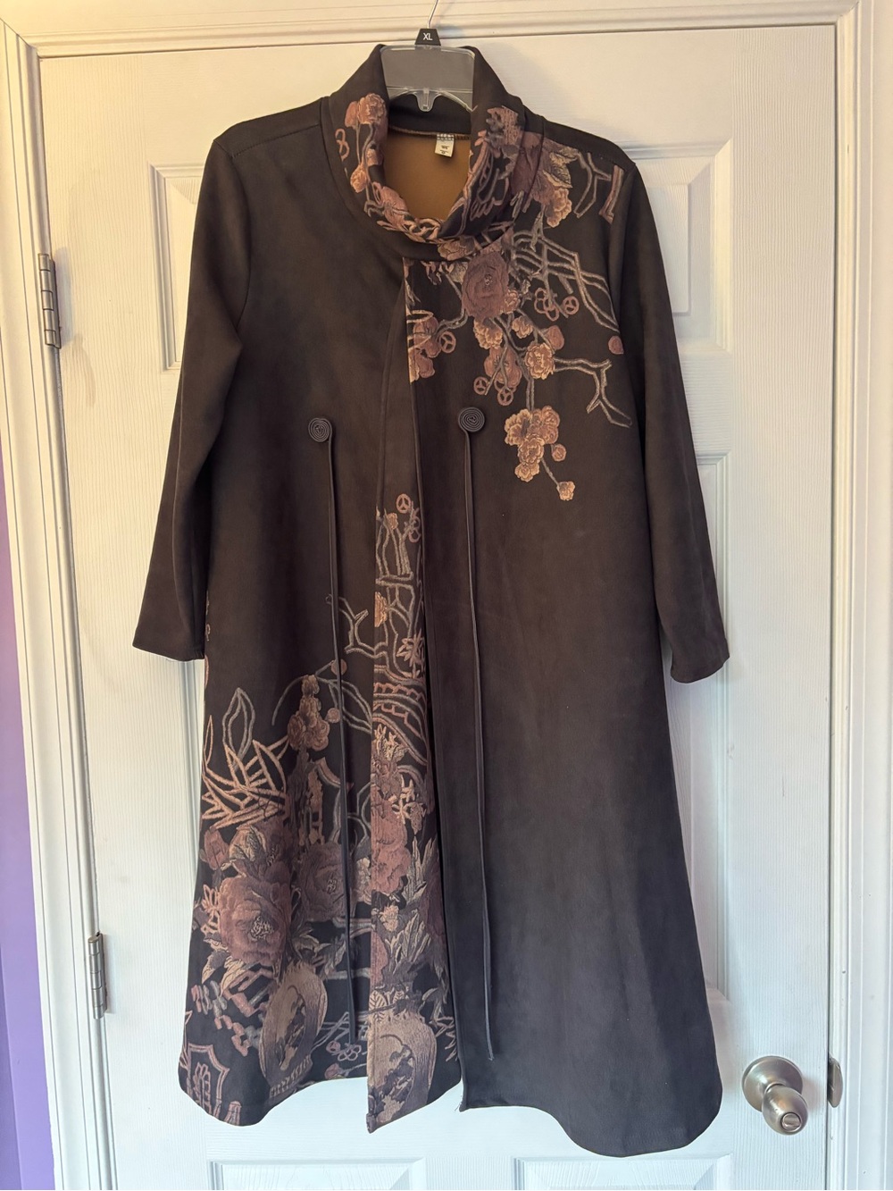 Women's Black Long Faux-Suede Feel Floral Coat